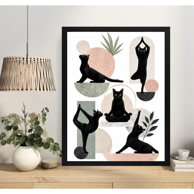 Cuadro Dormitorio Living Gato Haciendo Yoga Boho Geometrico Marco Negro