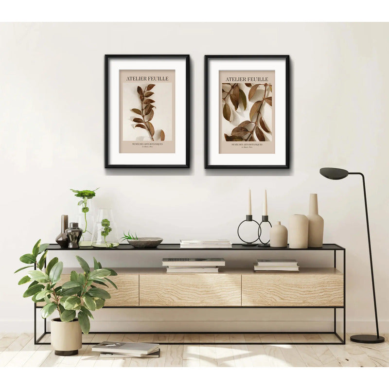 Set 2 Cuadros Living Tonos Marron Hojas 53x43cm Con Paspartu Marco Negro