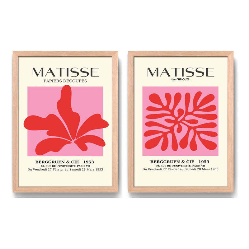 Set 2 Cuadros Dormitorio Living Matisse Tonos Rosa Pink Marco Marrón Claro