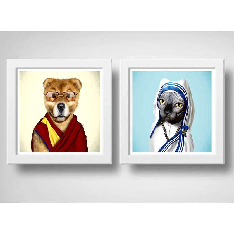 Set 2 Cuadros Gato Madre Teresa Y Perro Dalai Lama Pop Art