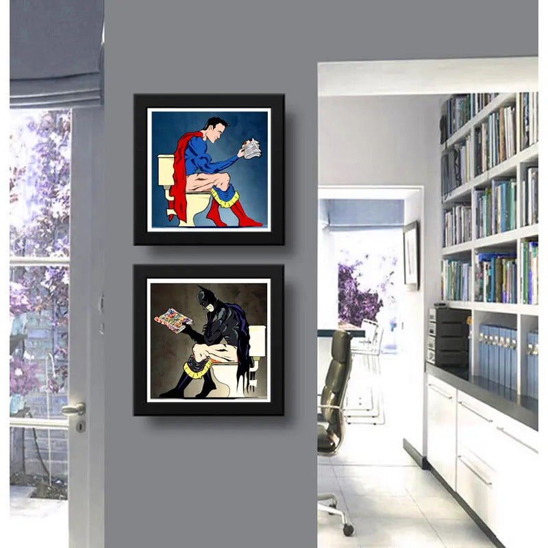 Set 2 Cuadros Batman Superman Baño Héroes Comics Decoracion