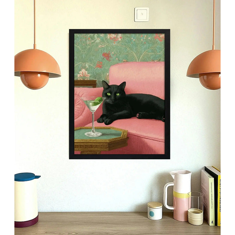 Cuadro Gato Martini Sofá Drink Arte Decoracion Living Cocina Marco Negro