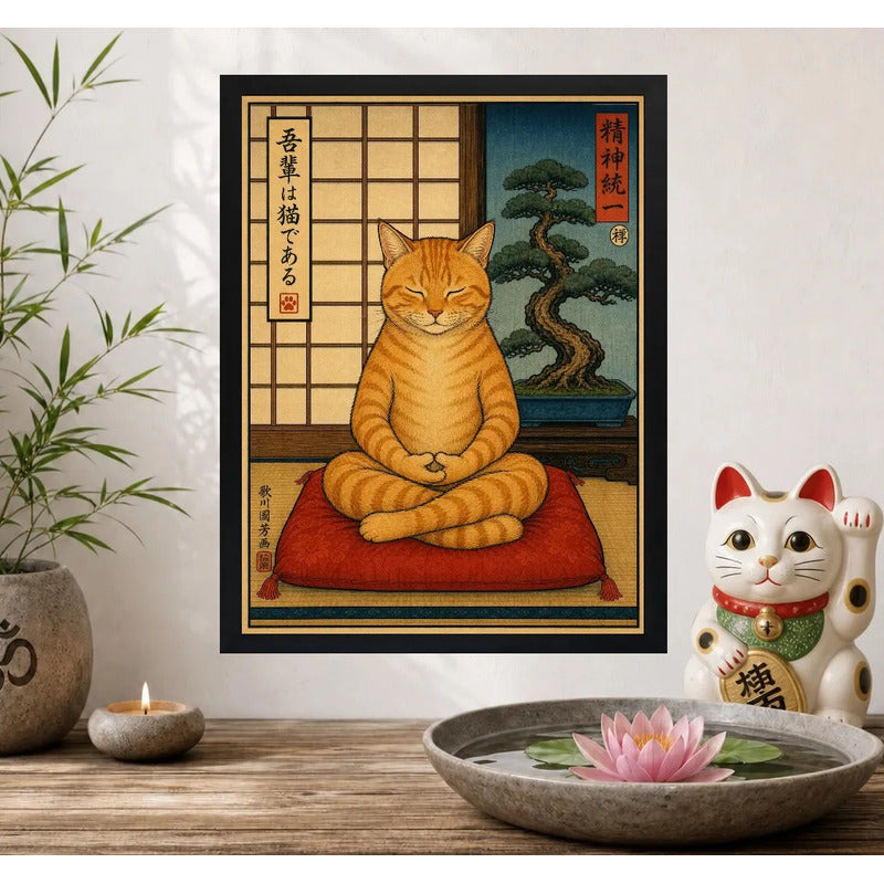 Cuadro Gato Haciendo Yoga Arte Japones Zen Neko Feng Shui Marco Negro