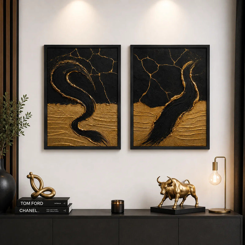 Set 2 Cuadros Living Dormitorio Abstracto 3d Oro Negro Brs1 Marco Negro