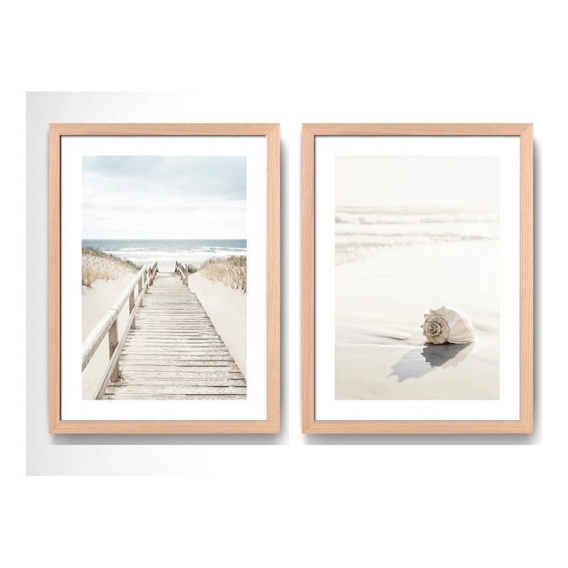Set 2 Cuadros Paisajes De Playa Tonos Neutros Caracola Arena Marco Madera Natural Oak