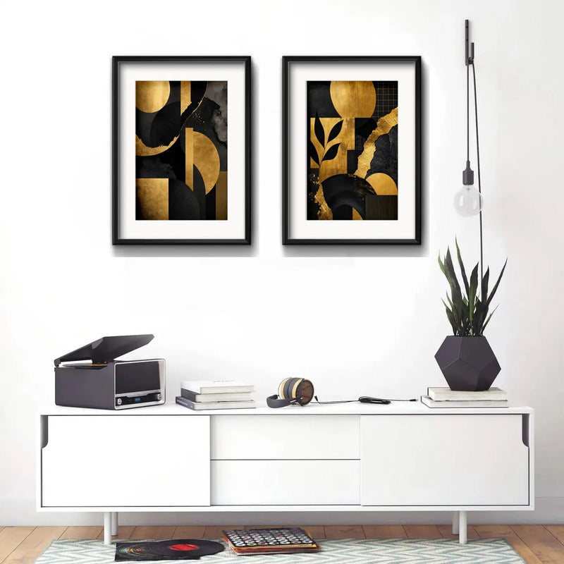 Set 2 Cuadros Boho Arte Abstracto Textura Oro Con Paspartu 53x43cm Cada Cuadro Negro