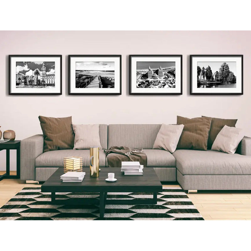 Set 4 Cuadros Montevideo Blanco Y Negro Ciudad Con Paspartu