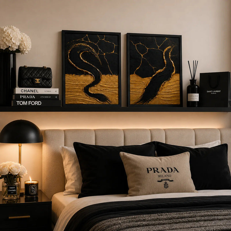 Set 2 Cuadros Living Dormitorio Abstracto 3d Oro Negro Brs1 Marco Negro