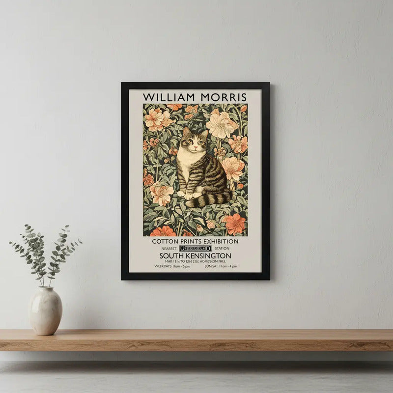 Cuadro Living Dormitorio Gato Flores William Morris Botanico Marco Negro