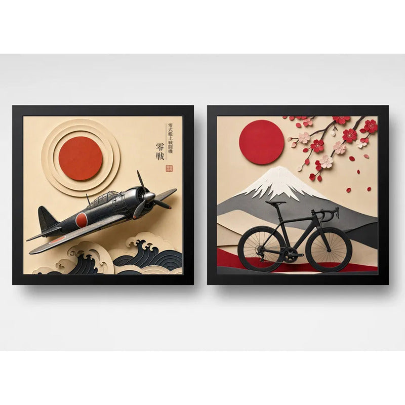 Set 2 Cuadros Avion Y Bicicleta Arte Japones Efecto 3d Marco Negro