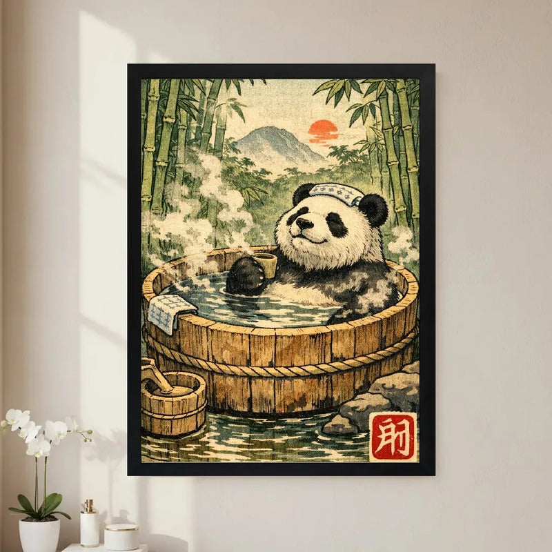 Cuadro Oso Panda Zen Banera Japón Bambus Art Bano Decoracion Marco Negro