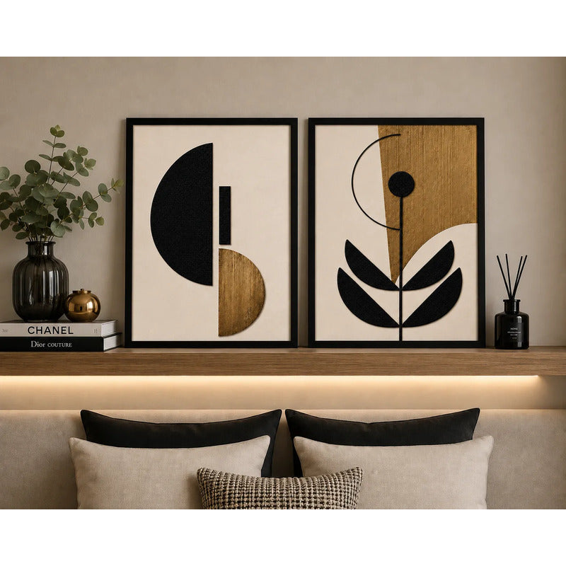 Set 2 Cuadros Living Abstracto Geometrico Dorado Flower Gold Marco Negro