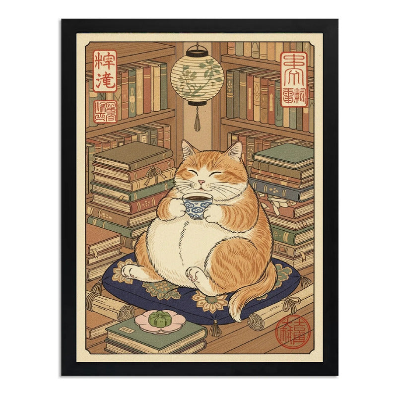 Cuadro Gato Cafe Wagashi Neko Libros Art Japón Living Cocina Marco Negro