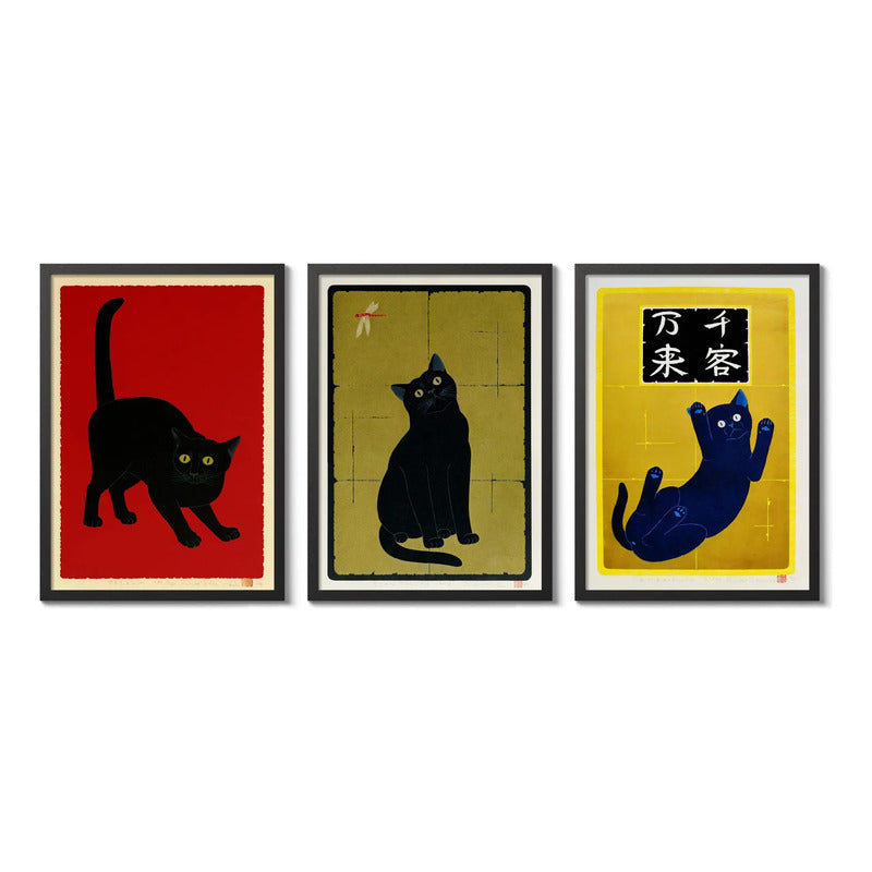 Set 3 Cuadros Living Gatos Japoneses Arte Japón Gato Negro Marco Negro