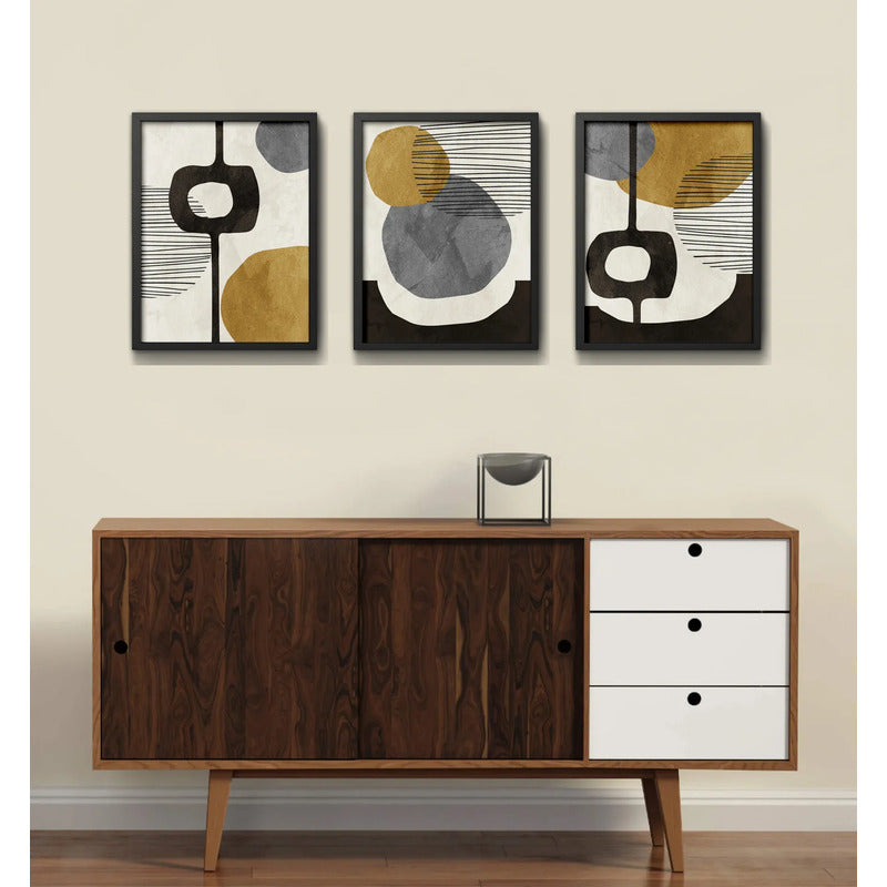 Set 3 Cuadros Dormitorio Living Boho Abstract Tonos Terrosos Marco Negro