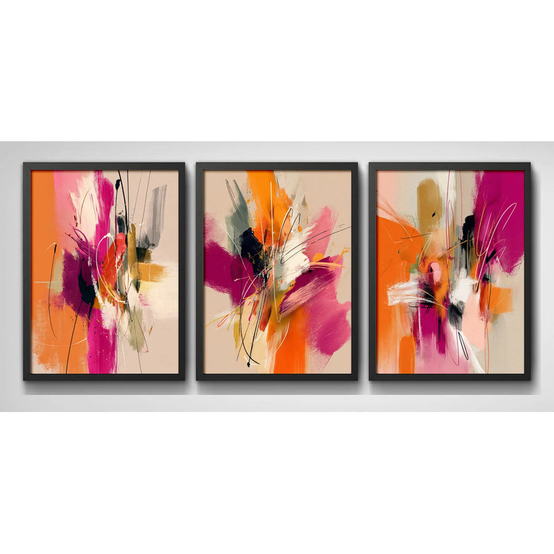 Set 3 Cuadros Dormitorio Living Abstracto Arte Expresionista Marco Negro