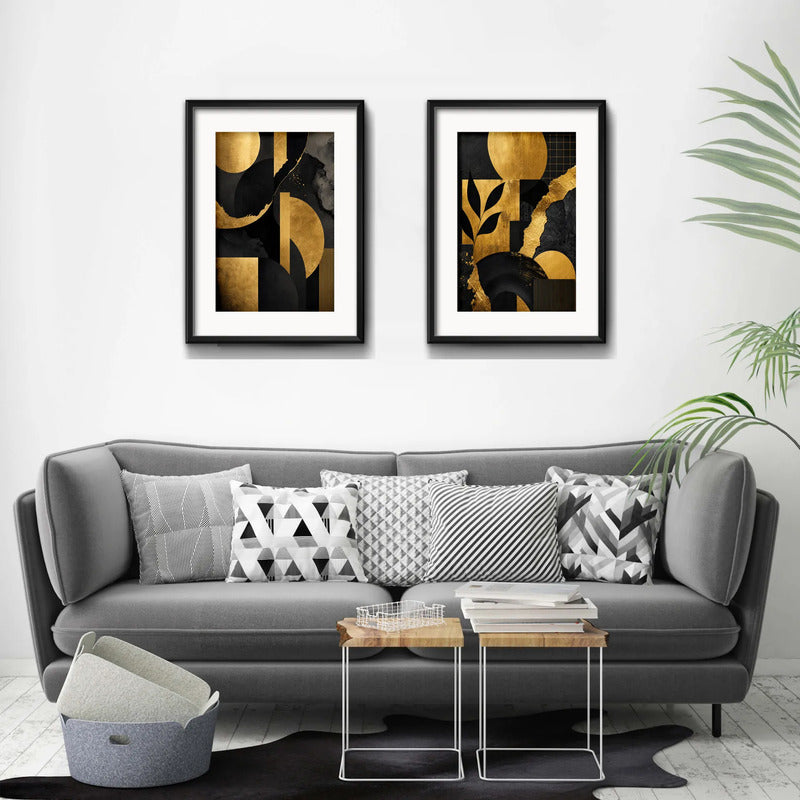 Set 2 Cuadros Boho Arte Abstracto Textura Oro Con Paspartu 53x43cm Cada Cuadro Negro