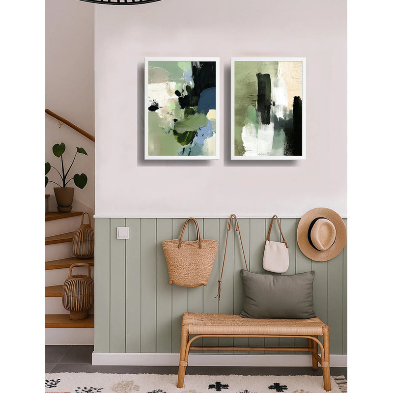 Set 2 Cuadros Dormitorio Living Abstracto Mossy Calm Verde Marco Blanco