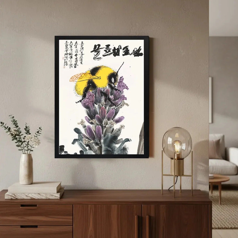 Cuadro Abeja Flores Botanico Arte Japones Decoracion Marco Negro
