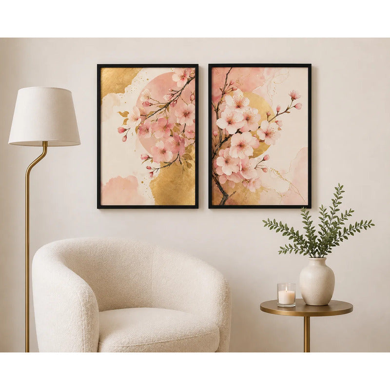 Set 2 Cuadros Cerezos En Flor Dorado Abstracto Decora Living Marco Negro