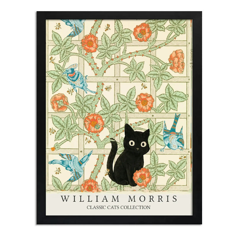 Cuadro Gato Negro Y Celosía Floral William Morris Arte Flor Marco Negro