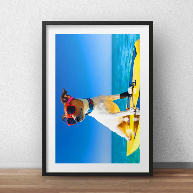 Cuadro Perro Surfe Playa Jack Terrier Pet Arte Con Paspartú Marco Negro