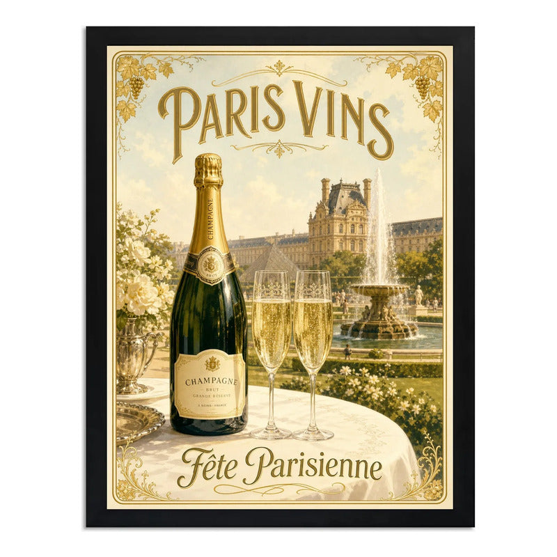 Cuadro Champagne Paris Retro Champán Decora Cocina Living Marco Negro