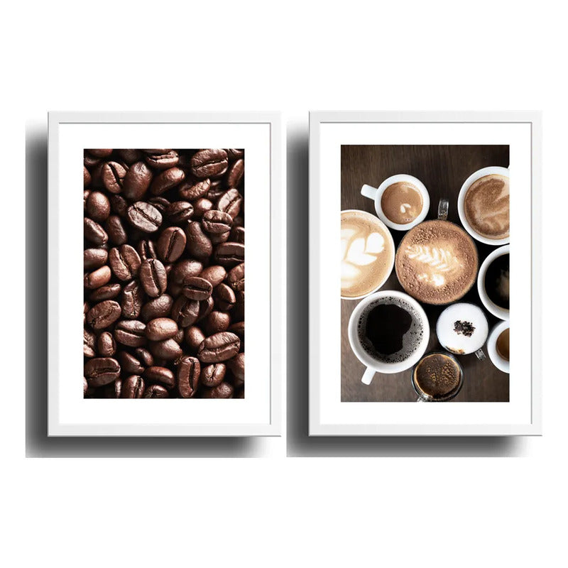 Set 2 Cuadros Café Tipos Grano Recetas Bebidas Coffee Cocina Marco Blanco