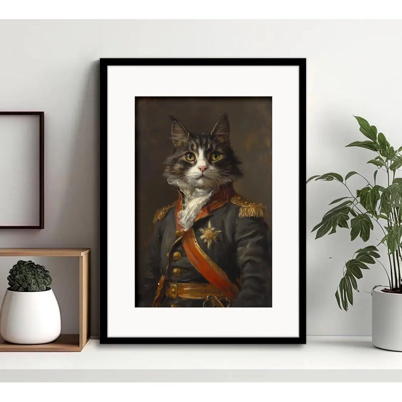 Cuadro Gato General Vintage Militar Arte Con Paspartú Marco Negro