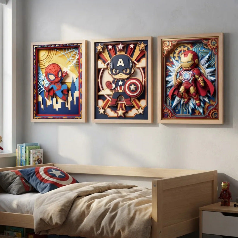 Set 3 Cuadros Superheroes Efecto 3d Para Dormitorio Infantil Marco Marrón Claro