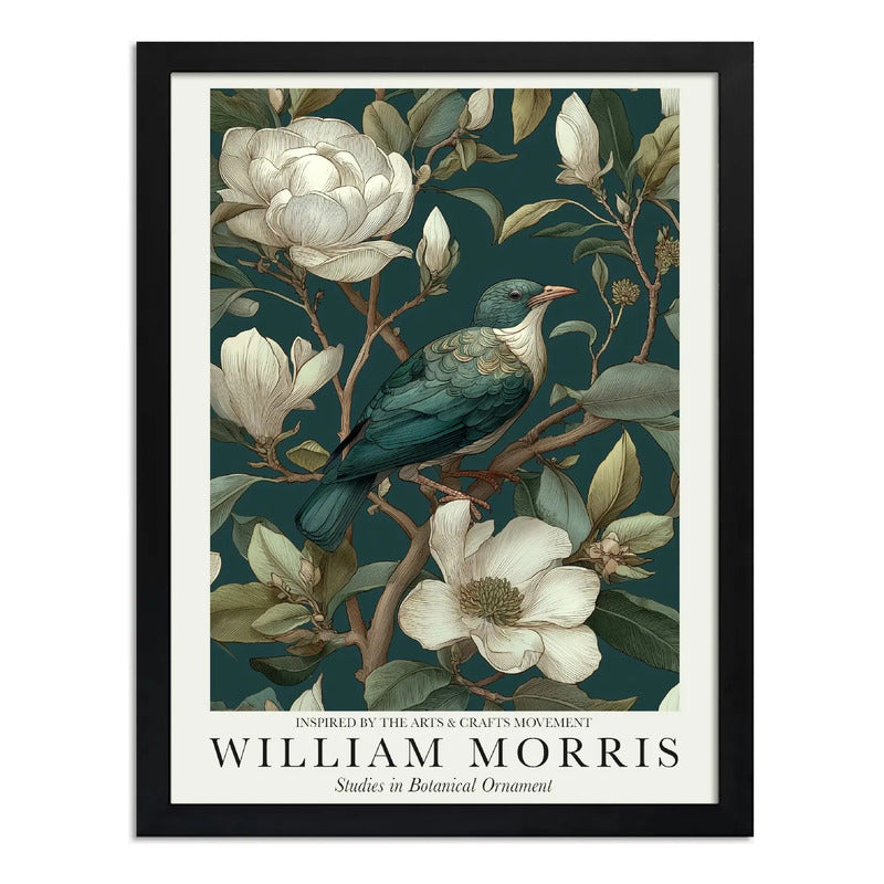 Cuadro Pajaro Botanica William Morris Flores Art & Crafts Pájaro Magnolias Botanica 2 Marco Negro