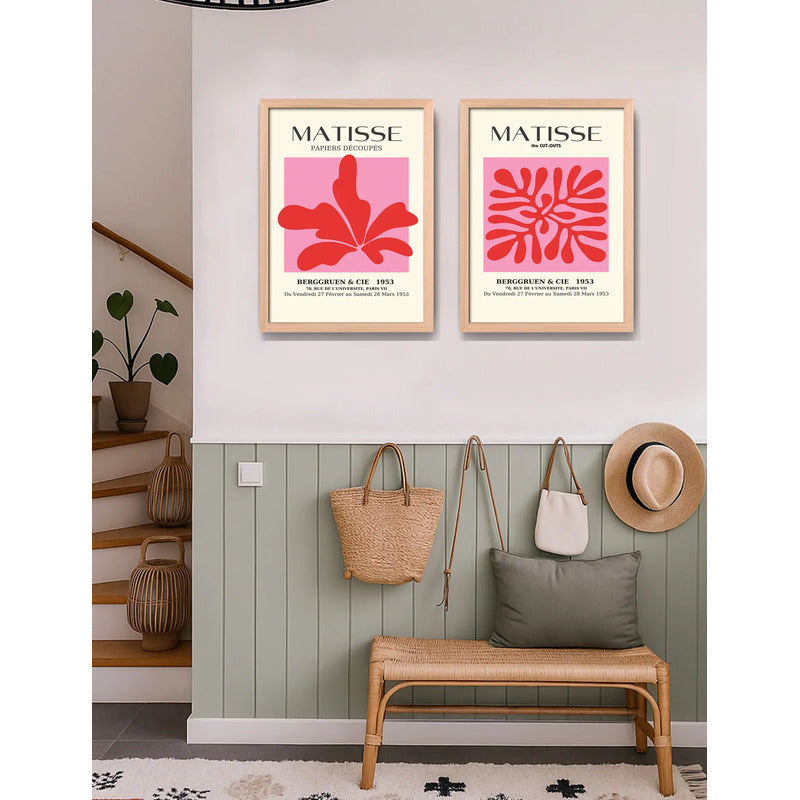 Set 2 Cuadros Dormitorio Living Matisse Tonos Rosa Pink Marco Marrón Claro
