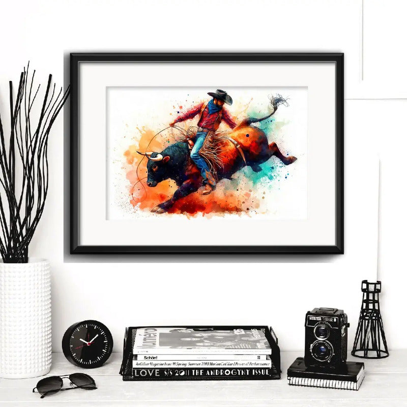 Cuadro Rodeo Jinete Pop Art Toro Decoracion Con Paspartú Modelo 2 Con Marco Negro