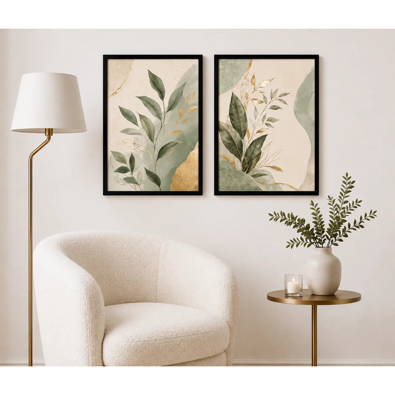 Set 2 Cuadros Hojas Verde Oro Arte Abstracto Decora Living Marco Negro