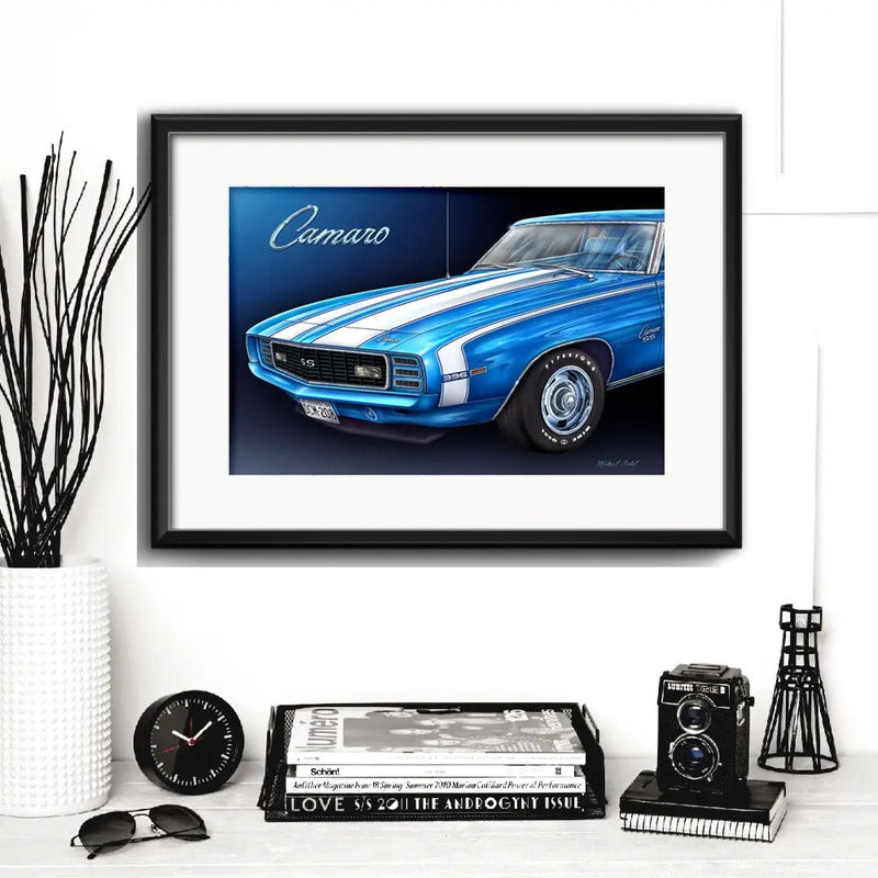 Cuadro Autos Antiguos Modelos Marcas Retro Arte Con Paspartu Chevrolet Camaro Ss 396 Azul Con Marco Negro