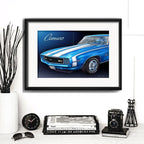 Cuadro Autos Antiguos Modelos Marcas Retro Arte Con Paspartu Chevrolet Camaro Ss 396 Azul Con Marco Negro