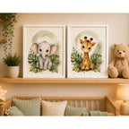 Set 2 Cuadros Dormitorio Infantil Animalitos Tonos Suaves Marco Blanco