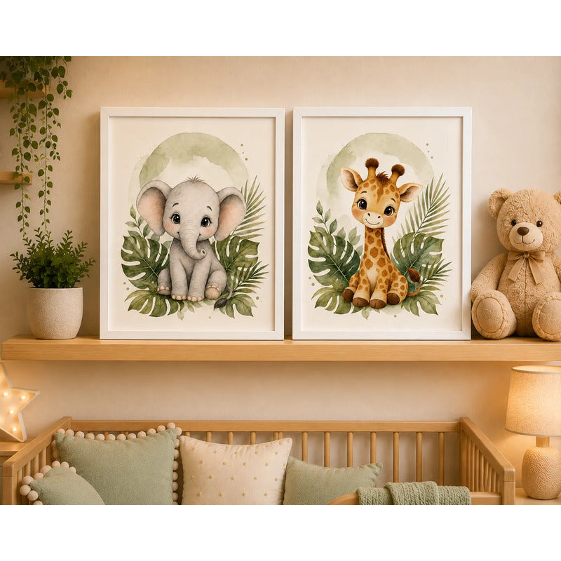 Set 2 Cuadros Dormitorio Infantil Animalitos Tonos Suaves Marco Blanco