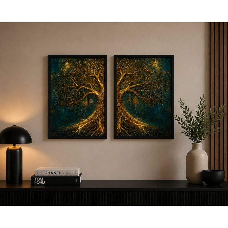 Set 2 Cuadros Arbol De La Vida Tonos Dorados Mural Díptico Marco Negro