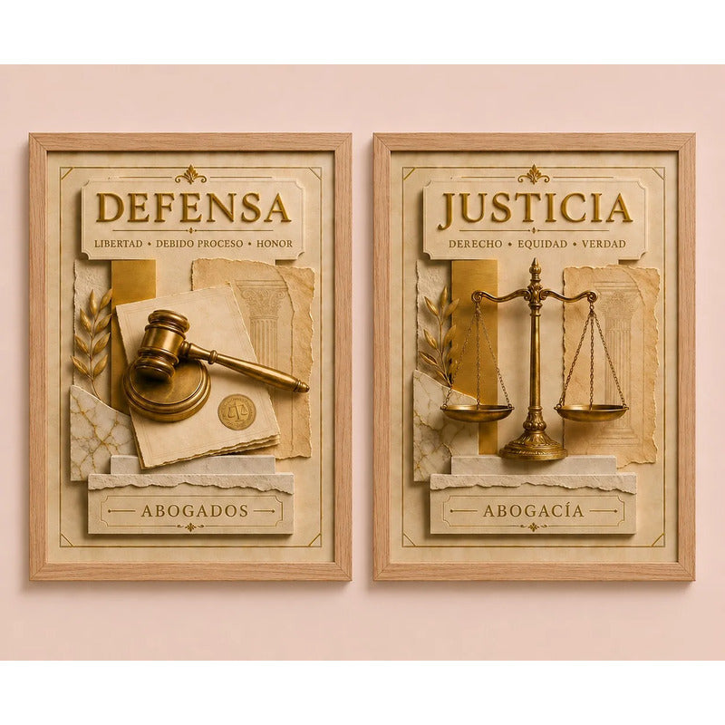 Set 2 Cuadros Temática Jurídica Abogado Justicia Efecto 3d Marco Marrón Claro