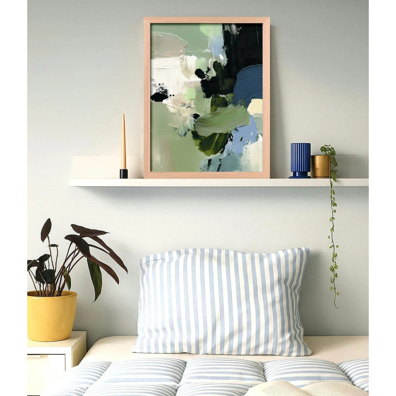 Cuadro Dormitorio Living Boho Abstracto Mossy Calm Verde Oak Marco Marrón Claro
