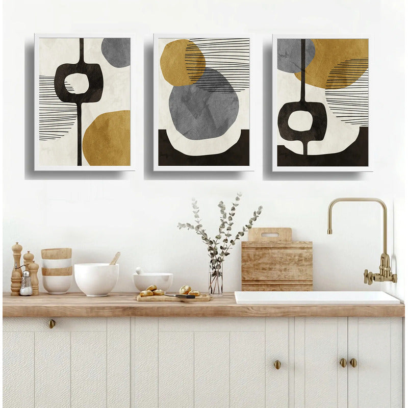 Set 3 Cuadros Dormitorio Living Boho Abstract Tonos Terrosos Marco Blanco