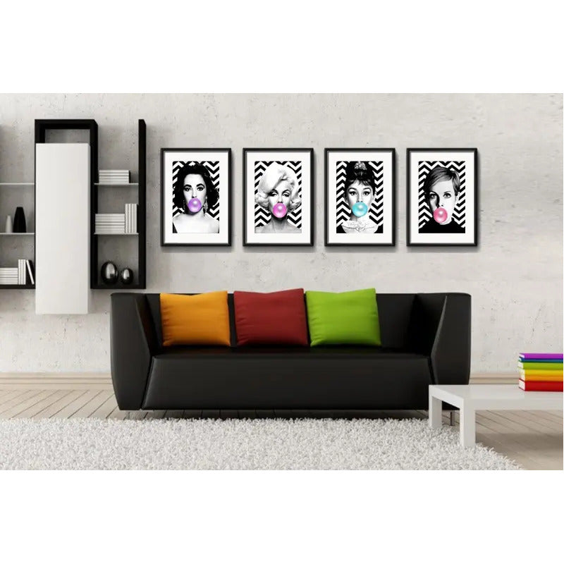Set 4 Cuadros Marilyn Audrey Twiggy Taylor Chicle Paspartú