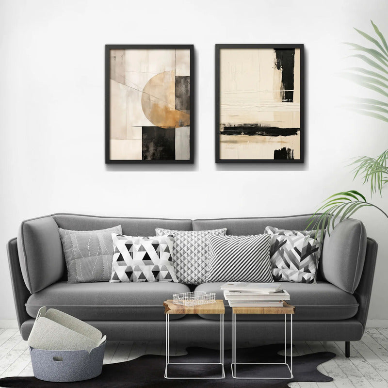 Set 2 Cuadros Boho Abstracto Arte Texturas Lineales 53x43cm Marco Negro