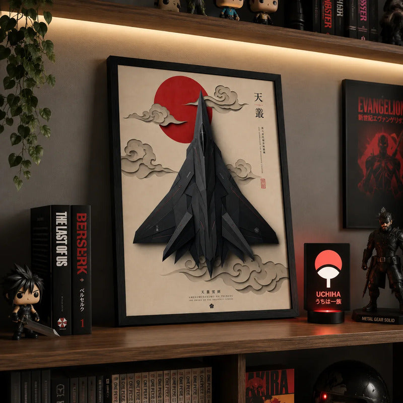 Cuadro Avion Caza Furtivo Arte Japones Efecto 3d Aviacion Marco Negro