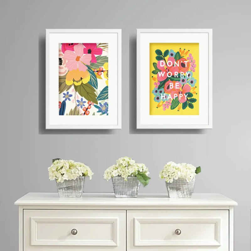 Set 2 Cuadros Flores Pop Art Frase Don't Worry Con Paspartú