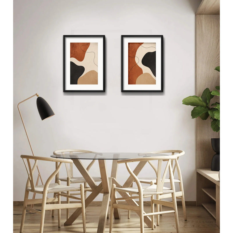 Set 2 Cuadros Boho Arte Abstracto Tonos Tierra Con Paspartu 43x33cm Cada Cuadro Negro