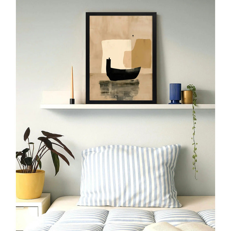 Cuadro Dormitorio Living Boho Abstracto Barco Tonos Neutros Marco Negro