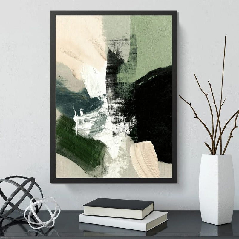 Cuadro Dormitorio Living Boho Abstracto Tranquilidad Verde Marco Negro