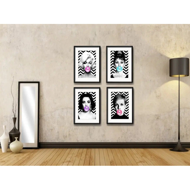 Set 4 Cuadros Marilyn Audrey Twiggy Taylor Chicle Paspartú